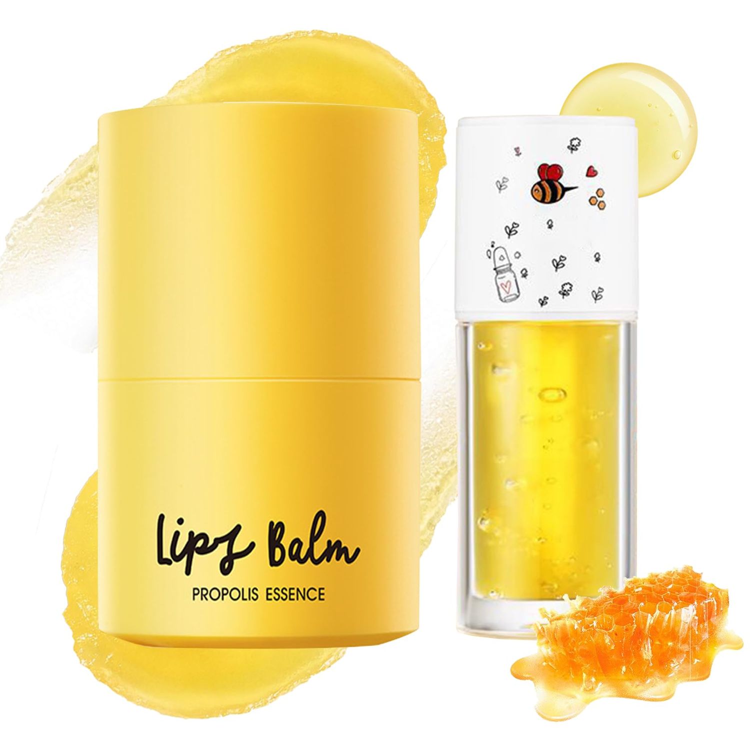 2PCS Honey Lip Balm and Lip Oil Set, Hydrating Overnight Propolis Lip Care Sleeping Mask, Moisturizing Lip Glow Oil Long-lasting Plumping Bee Lip Balm Gloss Stain Gifts Set for Women