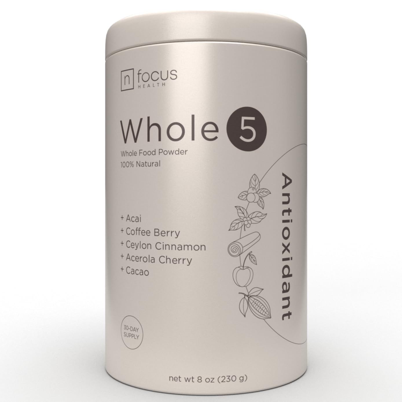 NFOCUS HEALTH Whole5 - Superfood Whole Food Powder - Antioxidant &amp; Longevity Mix w/Organic Acai, Cacao, Ceylon Cinnamon, Coffee Fruit &amp; Acerola Cherry - Perfect Smoothie, Shake &amp; Morning Bowl Add Ins