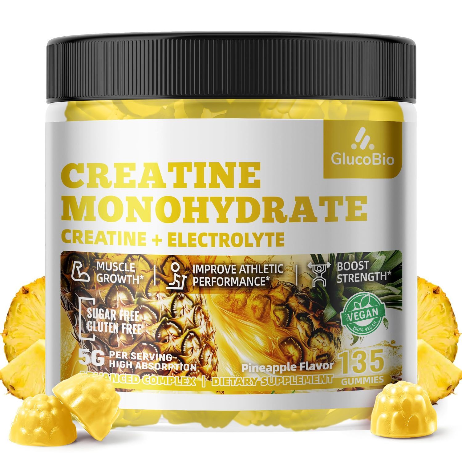 GlucoBio Creatine Monohydrate Gummies (5g) - Pre-Workout Energy &amp; Muscle Growth Support for Men &amp; Women | Pineapple Electrolyte Gummies (135 Count)
