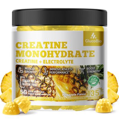 GlucoBio Creatine Monohydrate Gummies (5g) - Pre-Workout Energy &amp; Muscle Growth Support for Men &amp; Women | Pineapple Electrolyte Gummies (135 Count)