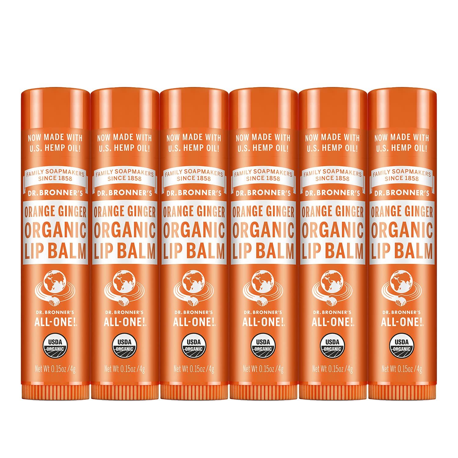 Dr. Bronners Organic Lip Balm 6-Pack (.15oz) Natural, Moisturizing, Petroleum-Free Lip Balm with Beeswax &amp; Avocado Oil for Dry Lips, Men &amp; Women - Orange Ginger