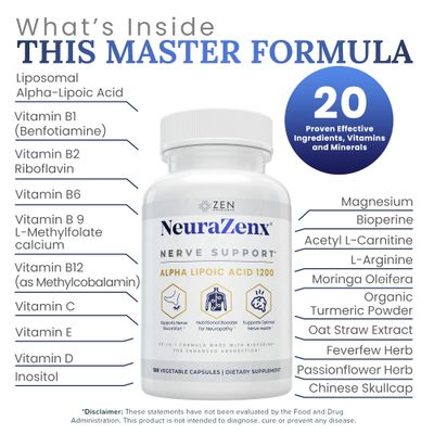 Zen Nutrients NeuraZenX Nerve Support & Peripheral Neuropathy Support Supplement with 1200mg Alpha Lipoic Acid (ALA), Benfotiamine, L-Carnitine, and Turmeric