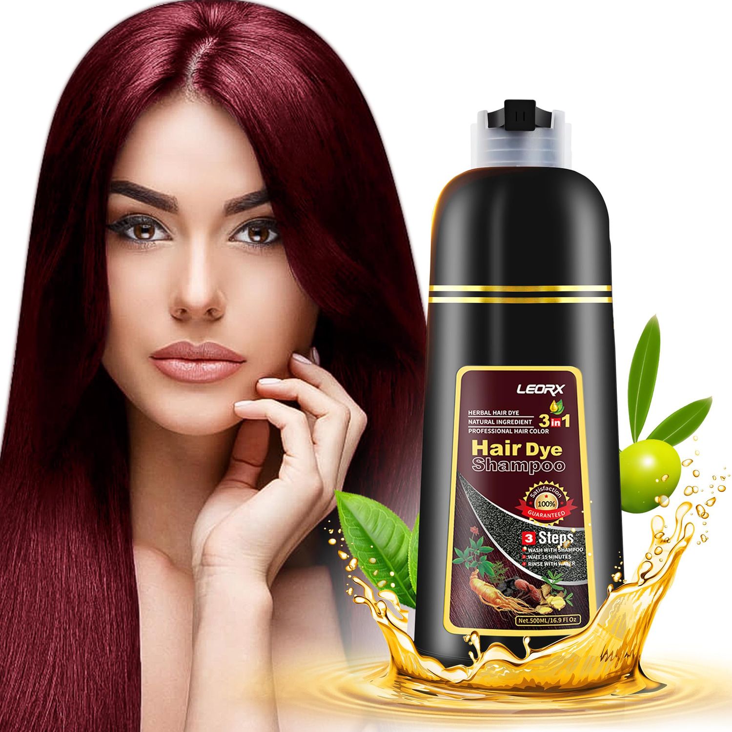 leorx Hair Dye shampoo 3 In 1, Dark Wine Red Instant Herbal Hair Color Shampoo Cover Gray Hair For Women&amp;Men - Color Your Hair with Ease - Tintes Para El Cabello Profesional