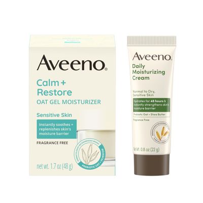Aveeno Calm Restore Oat Gel Face Moisturizer for Sensitive Skin, Gel Cream with Prebiotic Oat &amp; Feverfew, Fragrance Free, 1.7 oz &amp; Trial Size Daily Moisturizing Cream for Body, Face, &amp; Hands, 0.8 oz