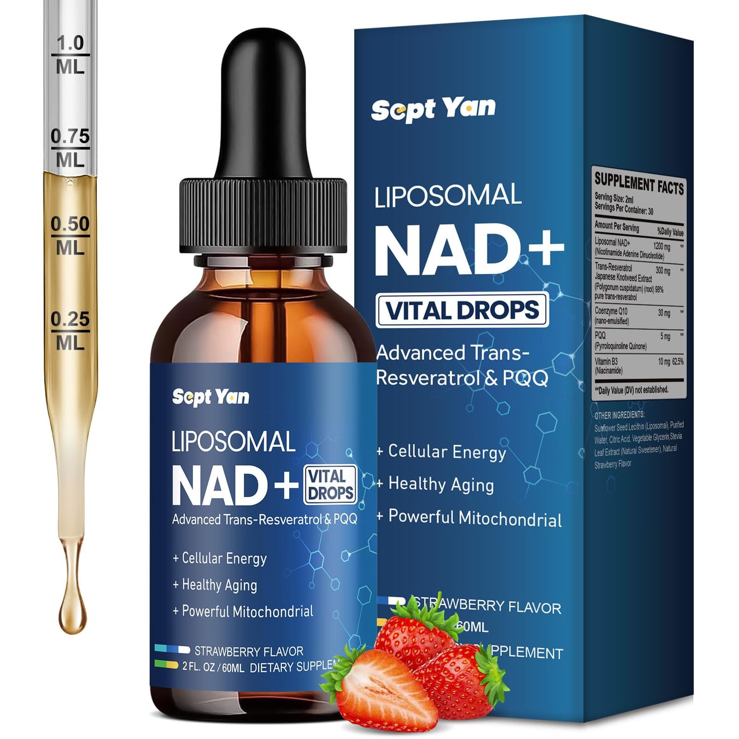 SEPT YAN NAD Supplement - 1200mg, Liposomal NAD Liquid Drops for Women &amp; Men with Resveratrol, PQQ &amp; Black Pepper Extract for Cellular Energy, Brain &amp; Anti-Aging Support, Vegan, Strawberry, 2 fl oz