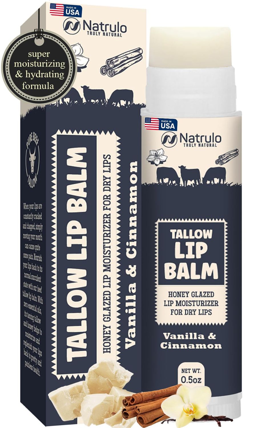 Beef Tallow Lip Balm - Natural Tallow Beeswax Chapstick - Hydrating Moisturizer Grass Fed Bison Tallow Balm Lip Care - Soothes Chapped, Dry Lips, Sensitive Skin - Long Lasting &amp; Vitamin Rich USA-Made