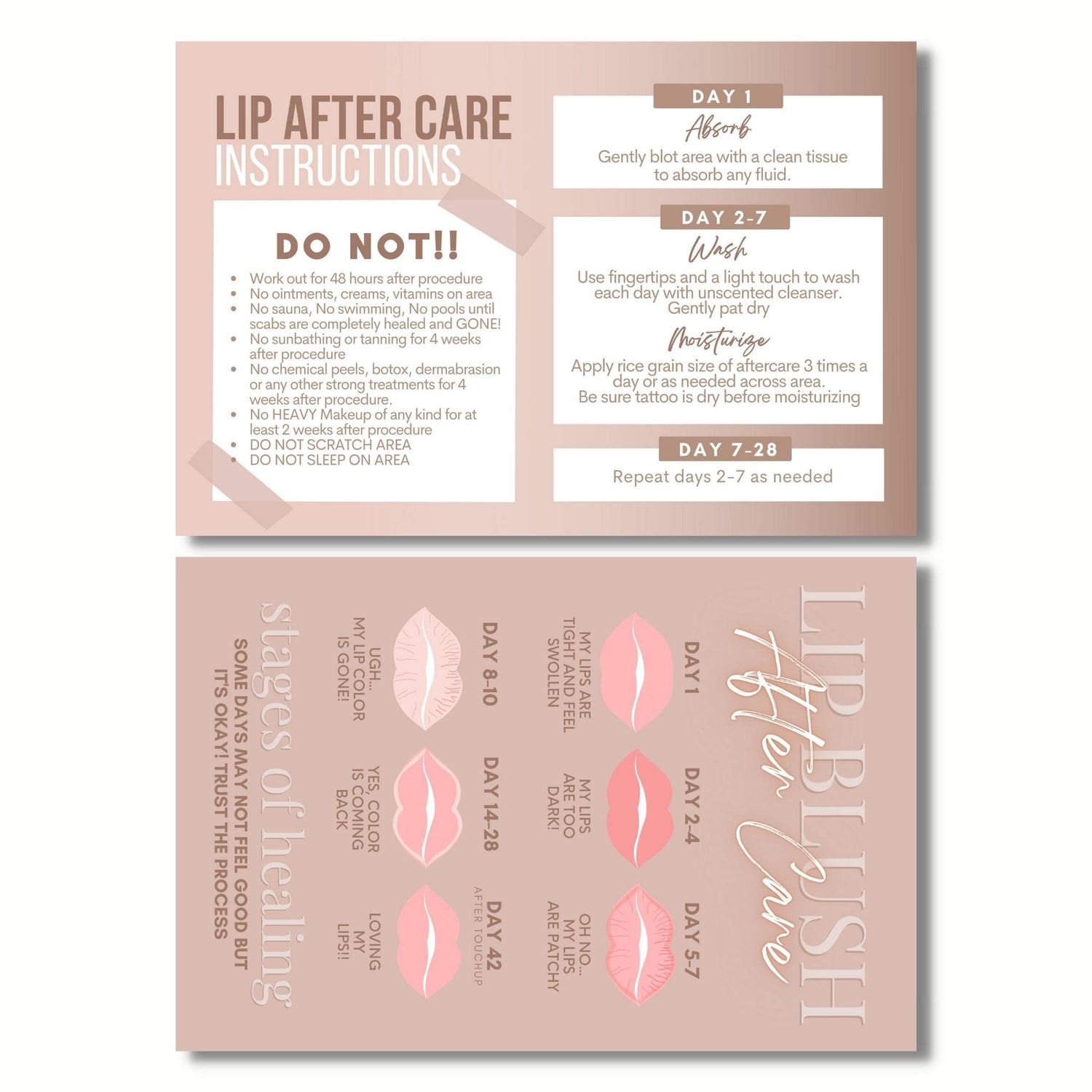 Tats4now Lip Blush Aftercare Instruction Cards | 35 Pack | 4x6 inch Post Card Size | Lip Blush Supplies