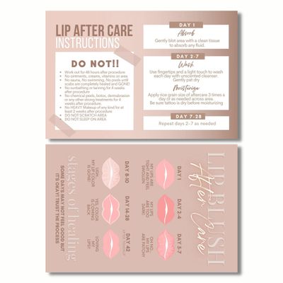 Tats4now Lip Blush Aftercare Instruction Cards | 35 Pack | 4x6 inch Post Card Size | Lip Blush Supplies
