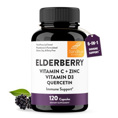 Sandhu&#39;s Elderberry Vitamin C Vitamin D3 with Zinc &amp; Quercetin | Capsules for Men &amp; Women | Supports Immune and Bone Health | 120 Count (Pack of 1)