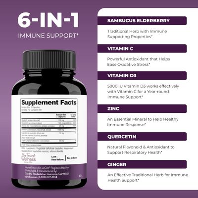 Sandhu's Elderberry Vitamin C Vitamin D3 with Zinc &amp; Quercetin | Capsules for Men &amp; Women | Supports Immune and Bone Health | 120 Count (Pack of 1)