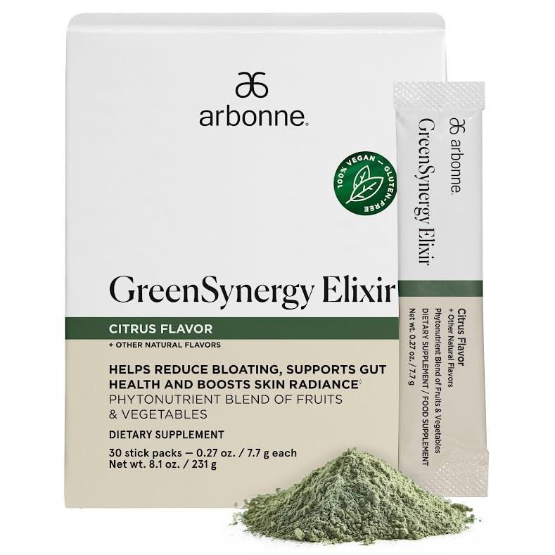 Arbonne GreenSynergy Elixir - Citrus-Flavored Greens Powder with 13 Digestive Enzymes, Vegan Collagen Builder, Probiotics, and Prebiotics - Supports Gut Health and Digestion - 30 Stick Packs