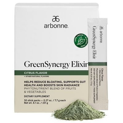Arbonne GreenSynergy Elixir - Citrus-Flavored Greens Powder with 13 Digestive Enzymes, Vegan Collagen Builder, Probiotics, and Prebiotics - Supports Gut Health and Digestion - 30 Stick Packs
