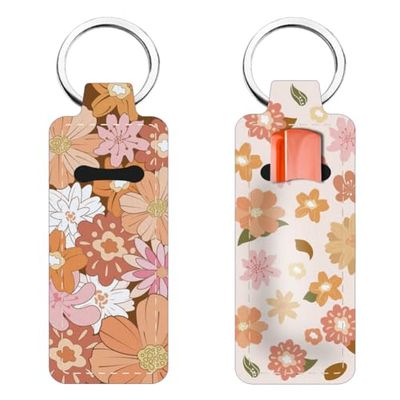 FREEBLOSS 2Pcs Boho Chapstick Holder Keychain 1.5x3.8&#39;&#39; Lip Balm Holder Keychain with Flower Pattern Lightweight Lipstick Sleeve Pouch for Women Gift