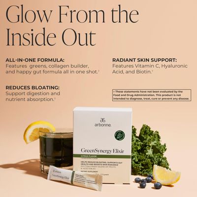 Arbonne GreenSynergy Elixir - Citrus-Flavored Greens Powder with 13 Digestive Enzymes, Vegan Collagen Builder, Probiotics, and Prebiotics - Supports Gut Health and Digestion - 30 Stick Packs