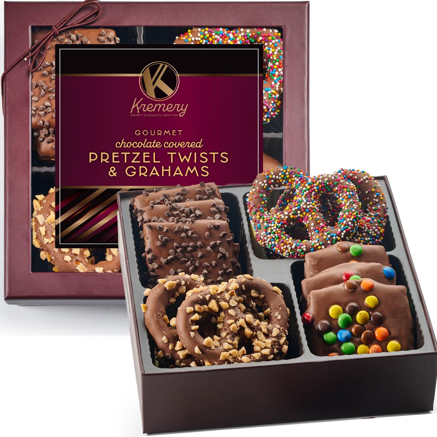 KREMERY Creamy Chocolate Cravings - Chocolate Covered Pretzel Twists &amp; Grahams Cookies Gift Basket, in Brown Gift Box (12 Count, Assorted Sweet Toppings) Kosher Dairy, USA Made