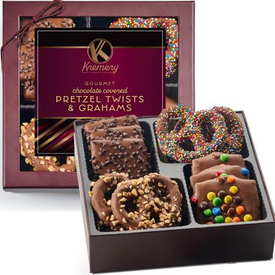KREMERY Creamy Chocolate Cravings - Chocolate Covered Pretzel Twists &amp; Grahams Cookies Gift Basket, in Brown Gift Box (12 Count, Assorted Sweet Toppings) Kosher Dairy, USA Made
