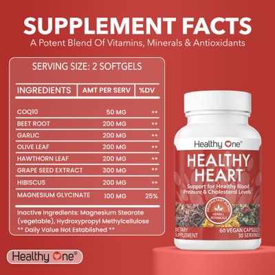 Healthy Heart - Promotes Healthy Cholesterol Circulation &amp; Blood Pressure - Plaque - Cortisol - Arteries - LDL - HDL - CoQ10 - Hawthorne - Beet Root - Garlic - Olive Leaf - Hibiscus - 60 Count
