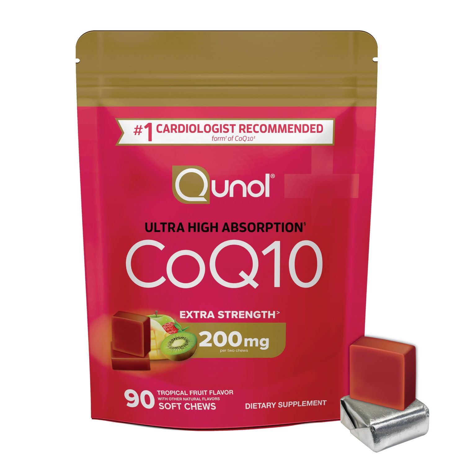 Qunol CoQ10 200mg Soft Chews, Extra Strength &amp; Ultra High Absorption Coenzyme Q10 Supplement, 1 Cardiologist Recommended Supplement for Heart Health, 90 Count