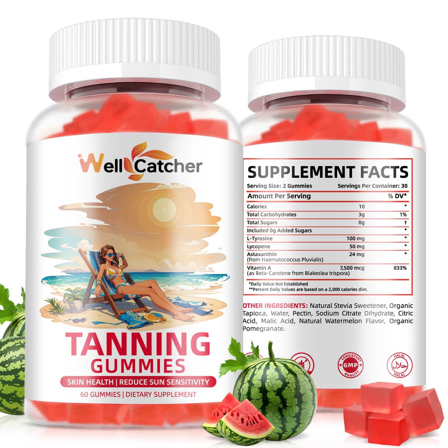 Tanning Gummies Supplement for Women - Daily Bronzing Tanning Gummies with Astaxanthin Beta-Carotene L-Tyrosine Lycopene, Melanin Supplement for Natural Glow Healthy Skin Sun Sensitivity Vegan 60CT