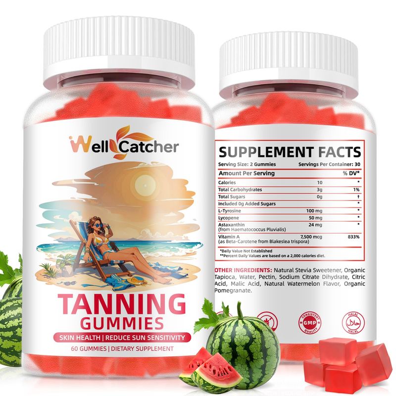 Tanning Gummies Supplement for Women - Daily Bronzing Tanning Gummies with Astaxanthin Beta-Carotene L-Tyrosine Lycopene, Melanin Supplement for Natural Glow Healthy Skin Sun Sensitivity Vegan 60CT