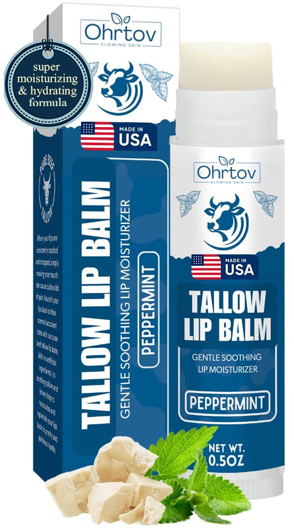 Beef Tallow Lip Balm - Natural Tallow Beeswax Chapstick - Hydrating Moisturizer Grass Fed Bison Tallow Balm Lip Care - Soothes Chapped, Dry Lips, Sensitive Skin - Long Lasting &amp; Vitamin Rich USA-Made