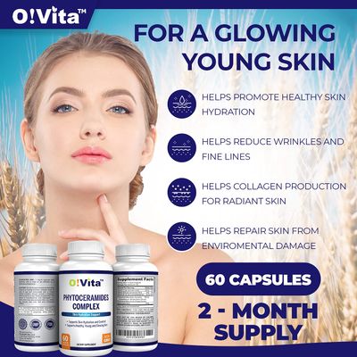 O!VITA Phytoceramides Complex, Skin Repair and Rejuvenation, Anti-Aging Support, Plant-derived Ceramides, with Vitamins C, B-6, and B-12, 2-Month Supply (60 Non-GMO Liquid Capsules)