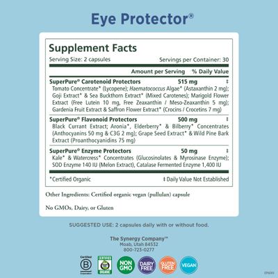 PURE SYNERGY Eye Protector | 100 Natural, Vegan Eye Health Supplement | with Organic Astaxanthin, Lutein, &amp; Zeaxanthin | for Healthy Vision (60 Capsules)
