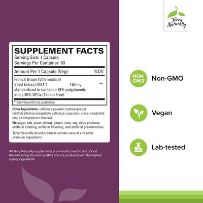 Terry Naturally Clinical OPC - Cardiovascular Health &amp; Focus Support Supplement - Dietary Supplement with Grape Seed Extract &amp; Sunflower Lecithin - Immune Support Supplement - 300 mg, 60 Softgels