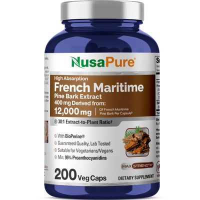 NusaPure French Maritime Pine Bark 30:1 Extract, 400 mg Equivalent to 12,000 mg Per Veggie Caps 200-Day Supply, Bioperine (Non-GMO &amp; Vegan)