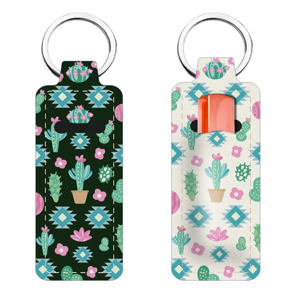 FREEBLOSS 2Pcs Boho Chapstick Holder Keychain 1.5x3.8&#39;&#39; Lip Balm Holder Keychain with Cactus Pattern Lightweight Lipstick Sleeve Pouch for Women Gift