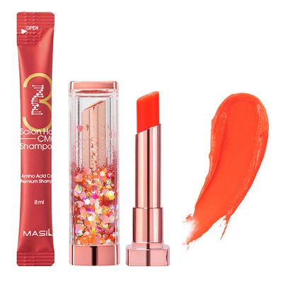 SET CORINGCO Sparkle Cute Color Changing Lip Balm Colored Lip Cream Lip Gloss, Glitter Lip Care Lip Pack Birthday Gift Glitter Gift Sequin Shiny Spangle Lipbalm (04 Orange Red)