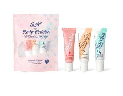 Lanolips 101 Fruity Babies Trio Stocking Stuffers - Lanolin Skin Care Gift Set - Strawberry, Minty, and Coconutter Multipurpose Balms for Dry Lips and Skin - Clean, Cruelty-Free (3g / 0.105oz each)