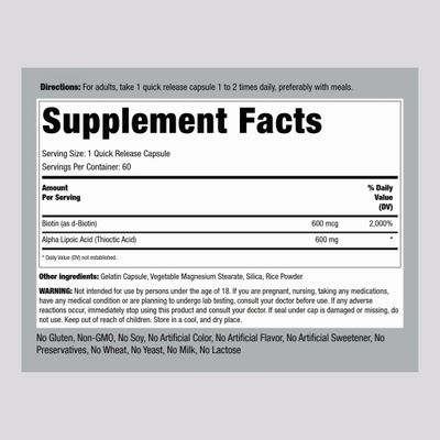 Piping Rock Alpha Lipoic Acid 600mg | with Biotin Optimizer | 60 Capsules | Non-GMO, Gluten Free Supplement