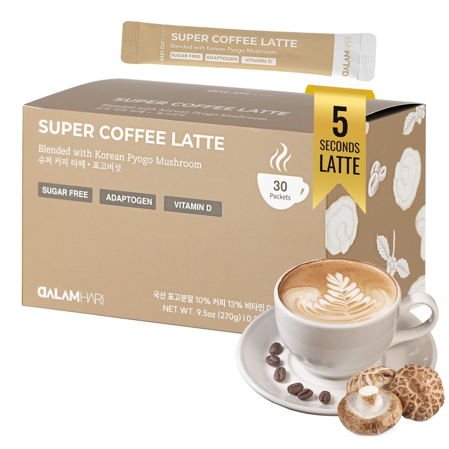 DALAMHARI Mushroom Coffee Latte 30T | Shiitake Mushroom Ryze Mushroom Coffee Korean Instant Coffee Packets Four Sigmatic Everyday Dose Mushroom Coffee Adaptogen Drink Mushroom Tea