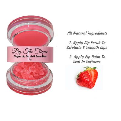 By The Clique Premium 2 in 1 Exfoliating Sugar Lip Scrub and Smoothing Safflower Oil Infused Lip Balm Duo | All Natural Ingredients | Vegan, Gluten Free, Cruelty Free | Strawberry Sugar