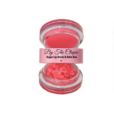 By The Clique Premium 2 in 1 Exfoliating Sugar Lip Scrub and Smoothing Safflower Oil Infused Lip Balm Duo | All Natural Ingredients | Vegan, Gluten Free, Cruelty Free | Strawberry Sugar