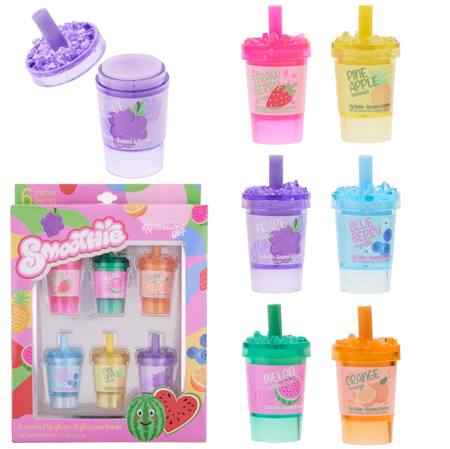 6pc Smoothie Lip Balm Set - Fruit-Scented Lip Glosses in Adorable Smoothie-Shaped Containers