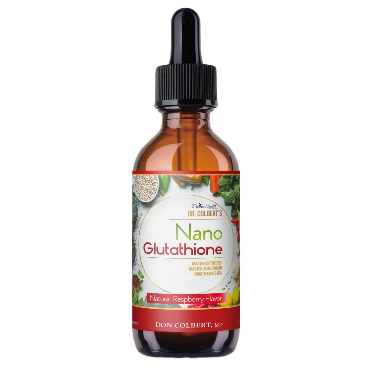 Divine Health Nano Reduced L-Glutathione Dropper | Raspberry Flavor Dr. Colbert, MD | Includes Vitamin C | Superior Absorption | Sugar Free