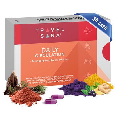 TRAVELSANA Daily Circulation | Super Antioxidants Supplement &amp; Daily Circulatory Support | Maqui Berry (Delphinol), French Maritime Pine Bark (Pycnogenol), Ginger Root Extracts | 30 Servings