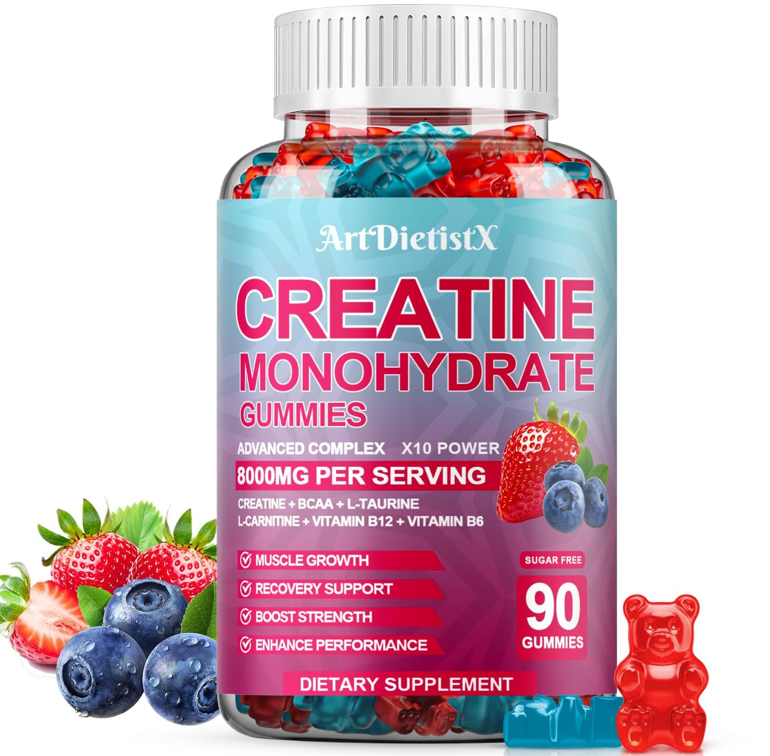 Creatine Monohydrate 8000mg Gummies with BCAA, L-Carnitine, Taurine &amp; Vitamin B12 - Pre Workout Supplement for Muscle Growth, Strength &amp; Energy, Multi-Flavor Chewable Gummies, 90 Count for Men &amp; Women