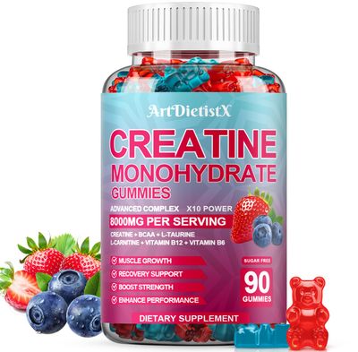 Creatine Monohydrate 8000mg Gummies with BCAA, L-Carnitine, Taurine &amp; Vitamin B12 - Pre Workout Supplement for Muscle Growth, Strength &amp; Energy, Multi-Flavor Chewable Gummies, 90 Count for Men &amp; Women