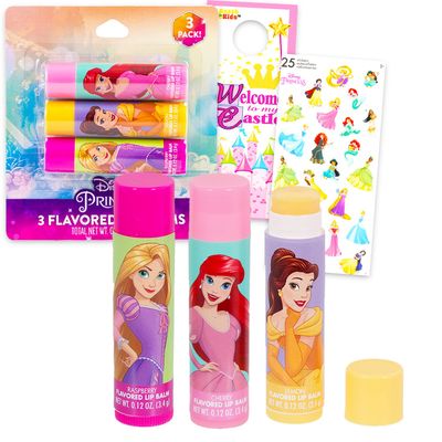 Disney Princess Lip Balm Set - Bulk Bundle with 3 Tubes in Assorted Flavors Plus Stickers for Girls, Kids | Disney Princess Party Favors Kit