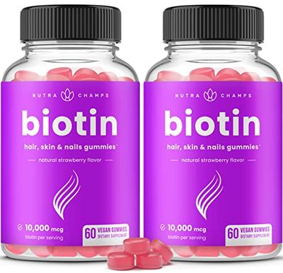 NutraChamps (2 Pack) Biotin Gummies 10,000mcg High Potency for Healthy Hair, Skin &amp; Nails for Adults &amp; Kids - 5000mcg in Each Gummy Vitamin - Vegan, Non-GMO, Pectin-Based Hair Health Supplement