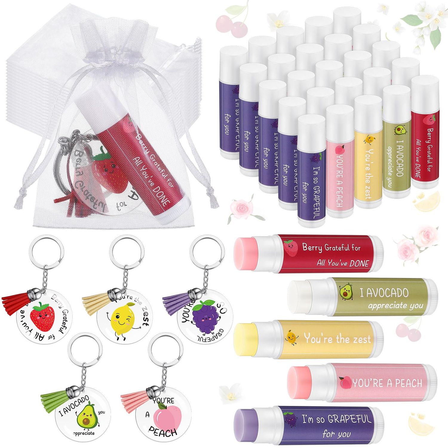 Loetere 30 Sets Moisturizing Lip Balms Bulk Employee Appreciation Gifts with Fruit Pun Keychains and Organza Bags for Coworker Teacher Appreciation Thank You Gifts