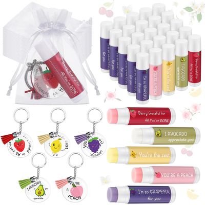 Loetere 30 Sets Moisturizing Lip Balms Bulk Employee Appreciation Gifts with Fruit Pun Keychains and Organza Bags for Coworker Teacher Appreciation Thank You Gifts