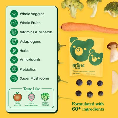 Gruns Kids Vitamins, Super Greens Gummies - Superfood Gummy Bears with Spirulina, Chlorella, 20 Vitamins &amp; Minerals, Prebiotics Fiber for Digestive Health, Adaptogens Supplement, 28 Day Supply