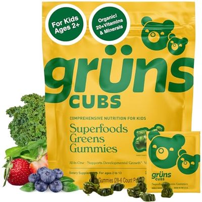 Gruns Kids Vitamins, Super Greens Gummies - Superfood Gummy Bears with Spirulina, Chlorella, 20 Vitamins &amp; Minerals, Prebiotics Fiber for Digestive Health, Adaptogens Supplement, 28 Day Supply
