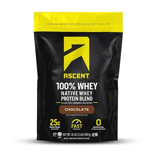 Ascent 100 Whey Protein Powder - Post Workout Whey Protein Isolate, Zero Artificial Flavors &amp; Sweeteners, Gluten Free, 5.5g BCAA, 2.6g Leucine, Essential Amino Acids, Chocolate 2 lb