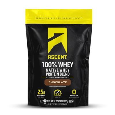 Ascent 100 Whey Protein Powder - Post Workout Whey Protein Isolate, Zero Artificial Flavors &amp; Sweeteners, Gluten Free, 5.5g BCAA, 2.6g Leucine, Essential Amino Acids, Chocolate 2 lb