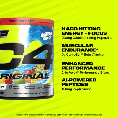 Cellucor C4 Original Pre Workout Powder Sugar Free for Men & Women 200mg Caffeine CarnoSyn Beta-Alanine Creatine AI Peptides - Hawaiian Punch, 30 Servings